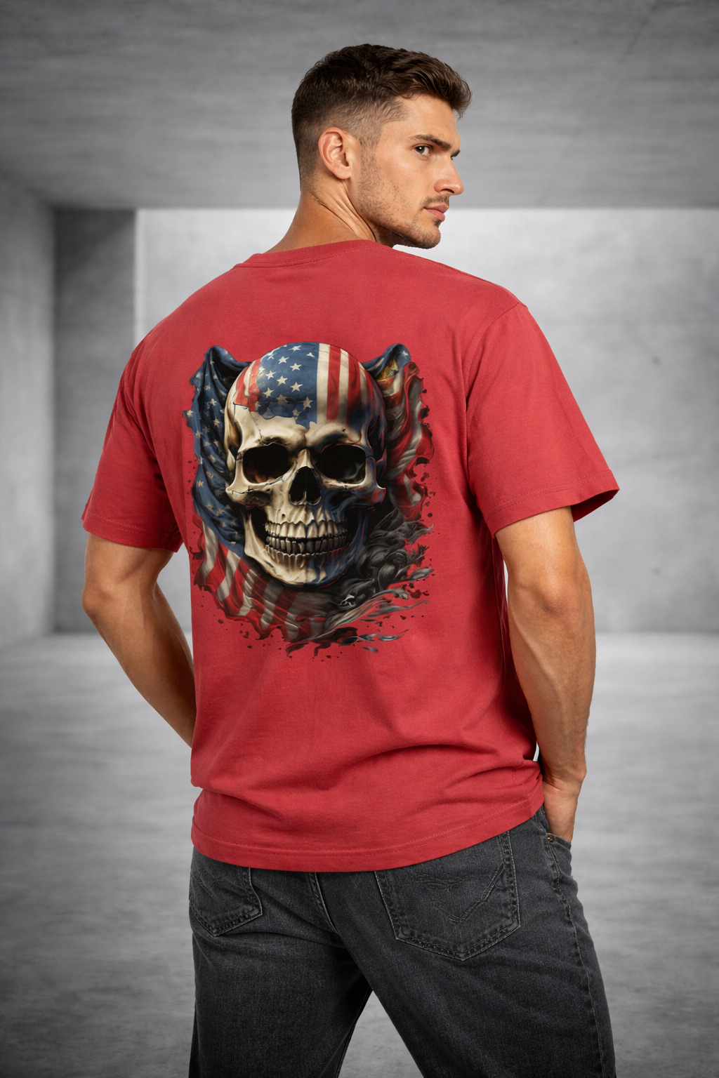 Men Oversized Classic US flag Skeleton Back Printed Premium T-Shirt
