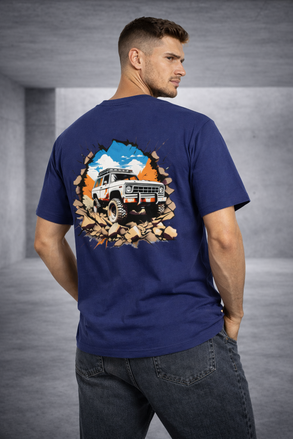 Men Oversized Classic Car Crashing Back Printed Premium T-Shirt