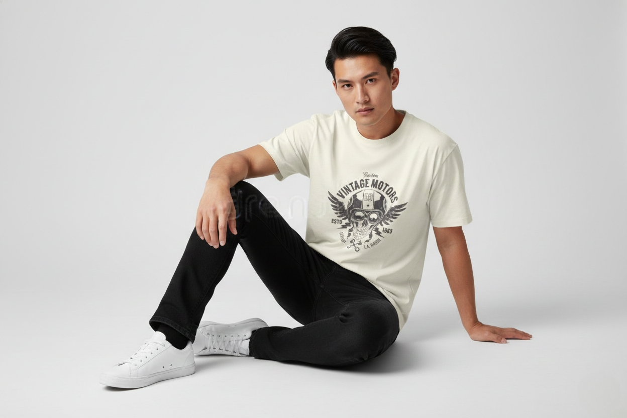 Men Classic Crew Vintage Motors Printed Regular Wear T-Shirt